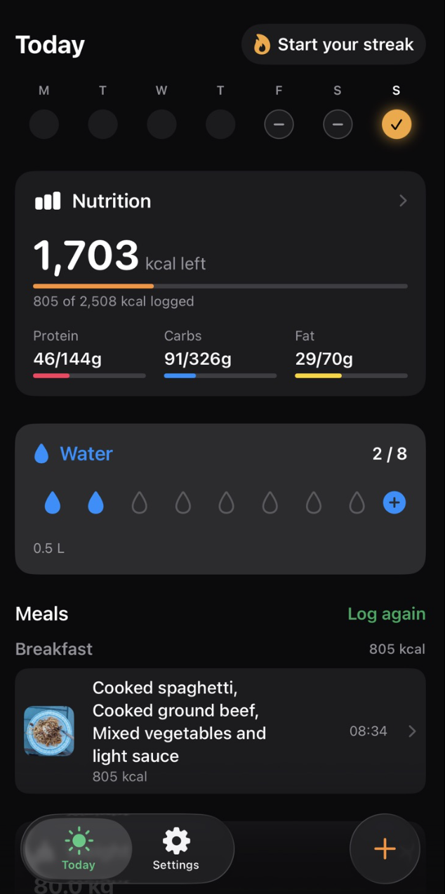 Oren Today screen — calories, macros, water and meals